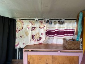 photo of my DIY camper curtains in a nissan vanette